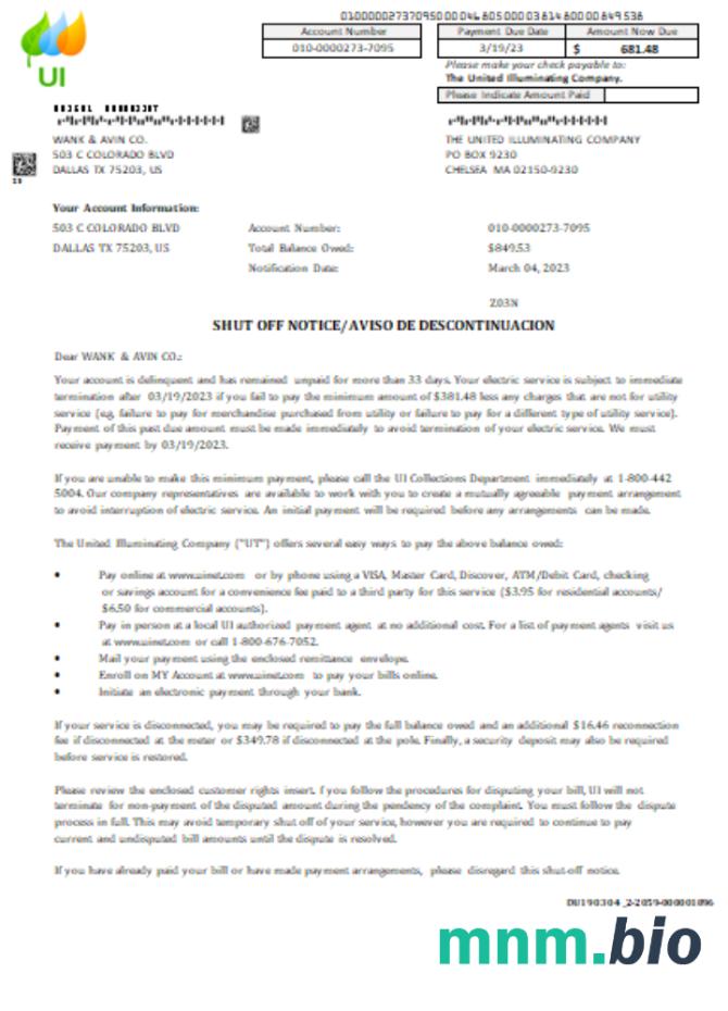 Massachusetts Chelsea SCG the United Illuminating Company shut off notice business bill